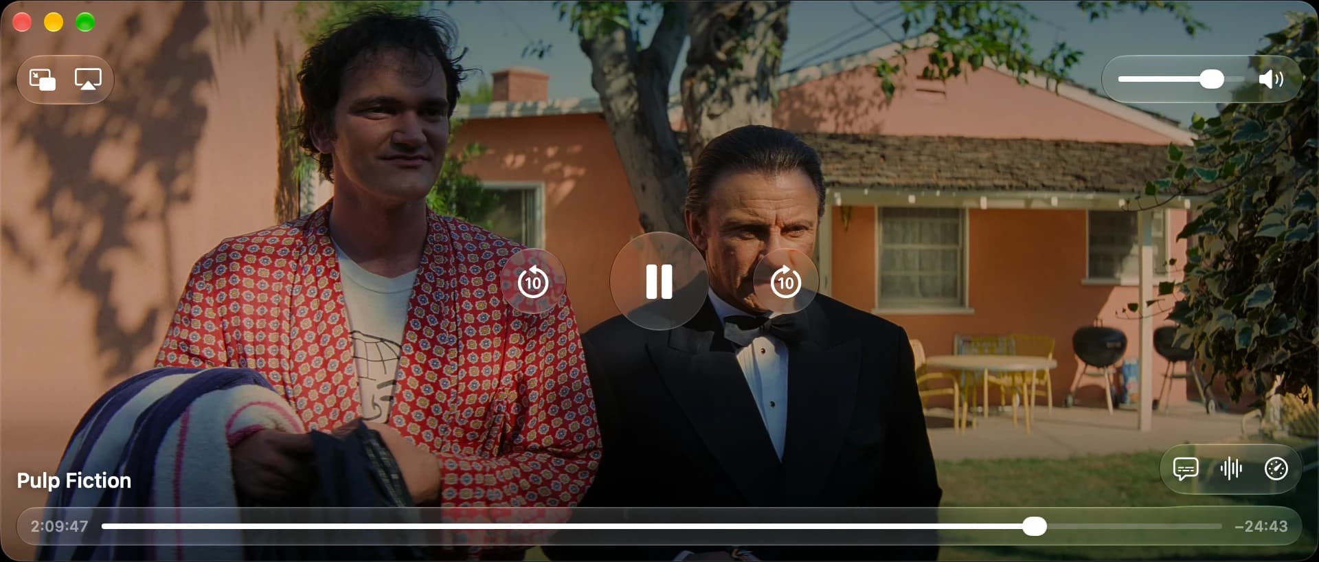 Theatre playing Pulp Fiction with playback, volume, Picture in Picture, AirPlay, audio, and subtitle controls over the video.